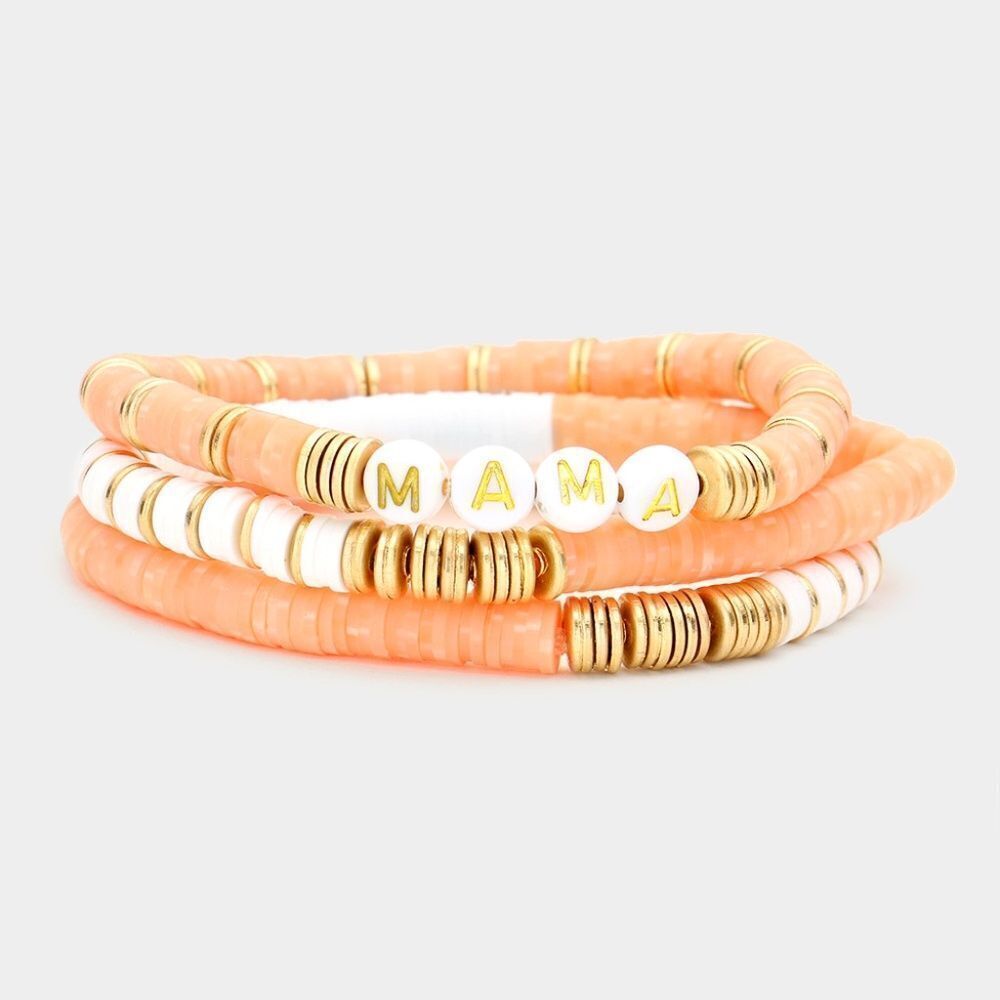 Peach & White "MAMA" Heishi  Beaded Stacking Bracelet. New.